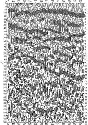 Ukázka jiného hloubkového řezu z detailní reflexní seismiky.