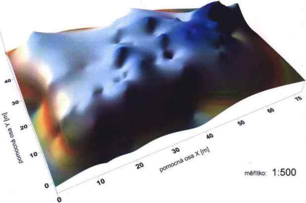 Mocnost nánosů rybničních sedimentů 3D pohled