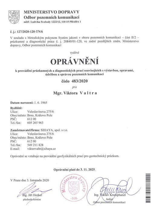 oprávnění k provádění průzkumných a diagnostických prací souvisejících s výstavbou, opravami, údržbou a správou pozemních komunikací v oboru GEOFYZIKÁLNÍ PRÁCE PRO GEOTECHNIKU