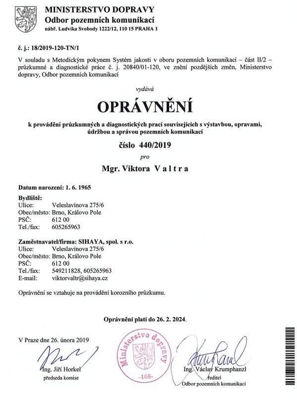 Oprávnění k provádění průzkumných a diagnostických prací souvisejících s výstavbou, opravami, údržbou a správou pozemních komunikací