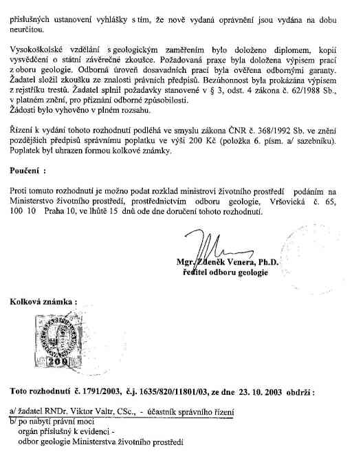 Osvědčení projektovat, provádět a vyhodnocovat geologické práce v oboru GEOFYZIKA - zadní strana