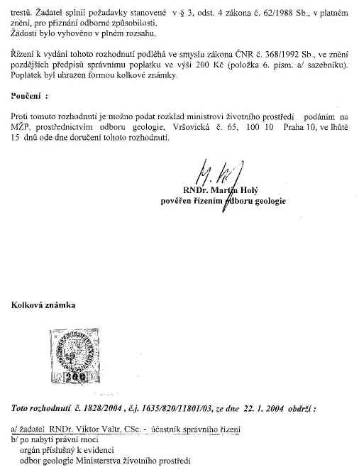 Osvědčení projektovat, provádět a vyhodnocovat geologické práce v oboru INŽENÝRSKÁ GEOLOGIE - zadní strana
